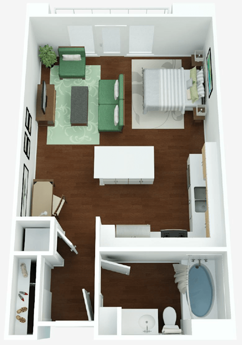 Floor plan for studio, 1 bath, 662 sqft